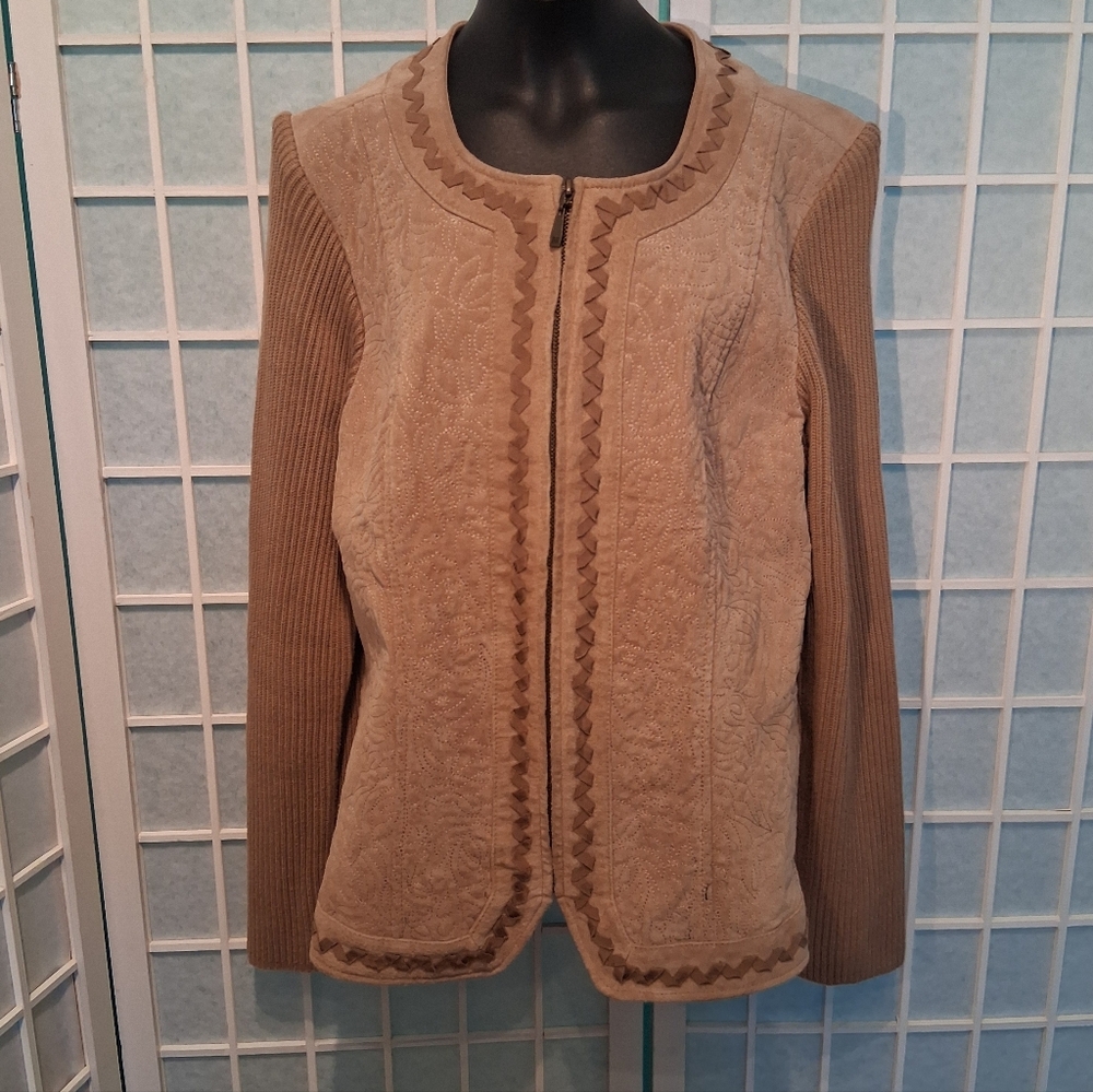 Peter Nygard Leather Embroidered Beige Women's Blazer 6321
